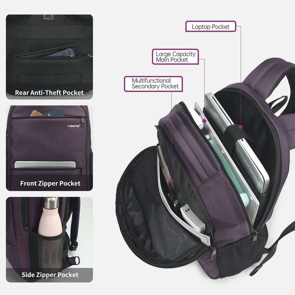 Tigernu Fashion Women Purple Anti Theft 15.6Inch Laptop Female Waterproof Travel School Backpack Bags