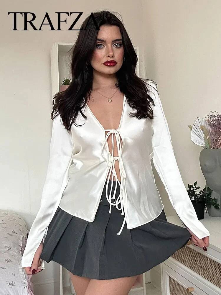 TRAFZA Women's Elegant Satin Lapel Blouses New Fashion Long Sleeve Bow Lace-Up Shirt Female Casual Slim V-Neck Tops Streetwear