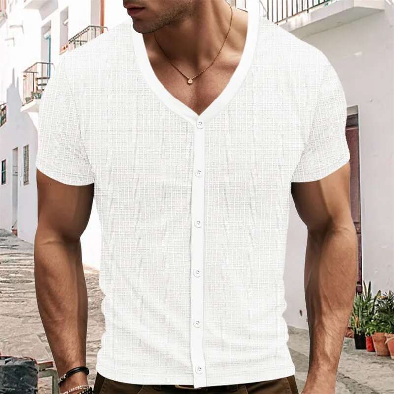 Mens Fit v Neck Button Down Short Sleeve Casual T-shirts Summer Cardigans Classic Tops for Everyday Wear