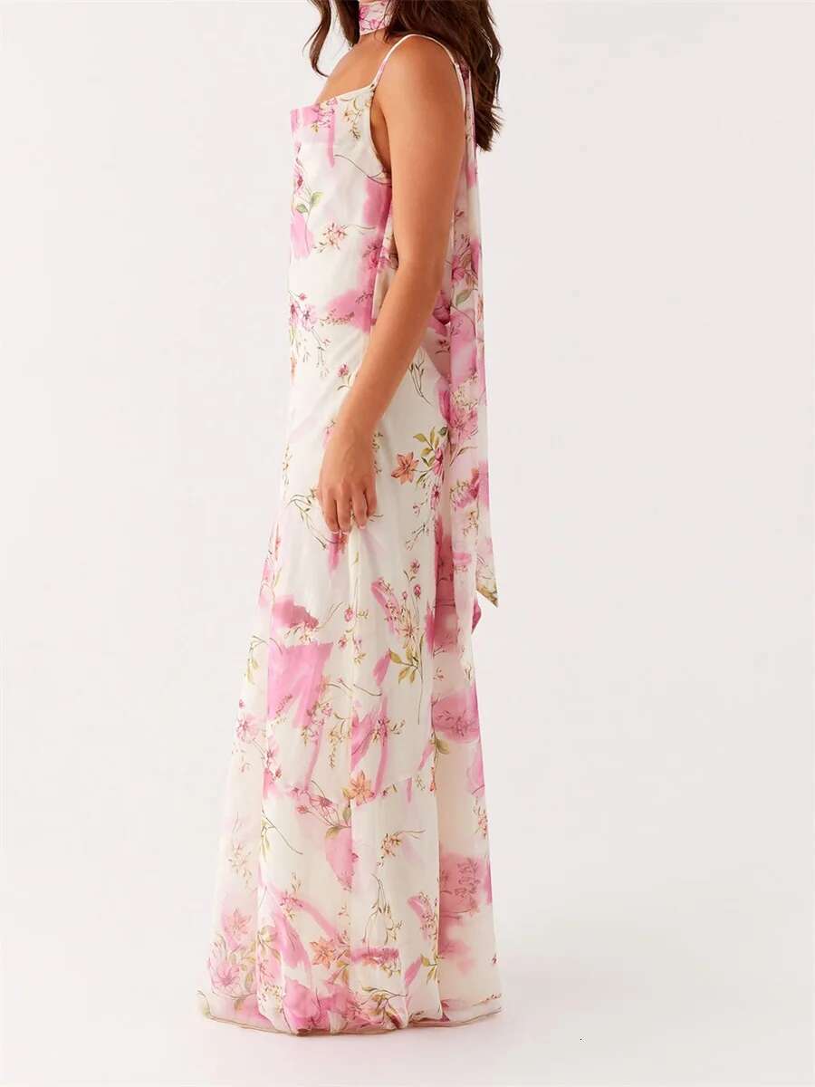 Womens Boho Maxi Dress with Off-shoulder Ruffle Sleeve and Floral Print Summer Beach Party Casual Dress with Matching Headband