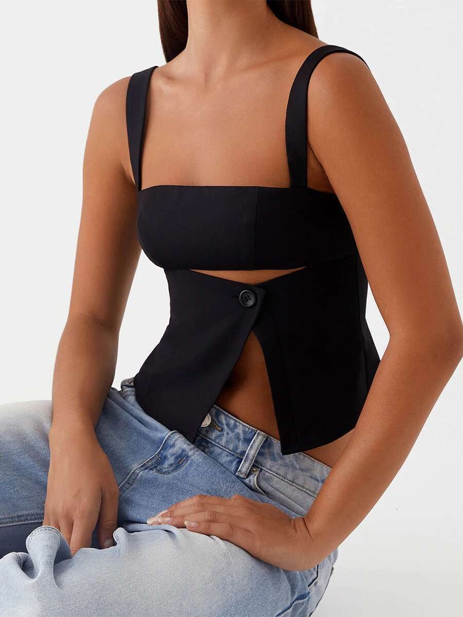 Womens Sexy Backless Crop Top with Split Hem and Cutout Detail Sleeveless Camisole for Clubwear and Street Style Fashion