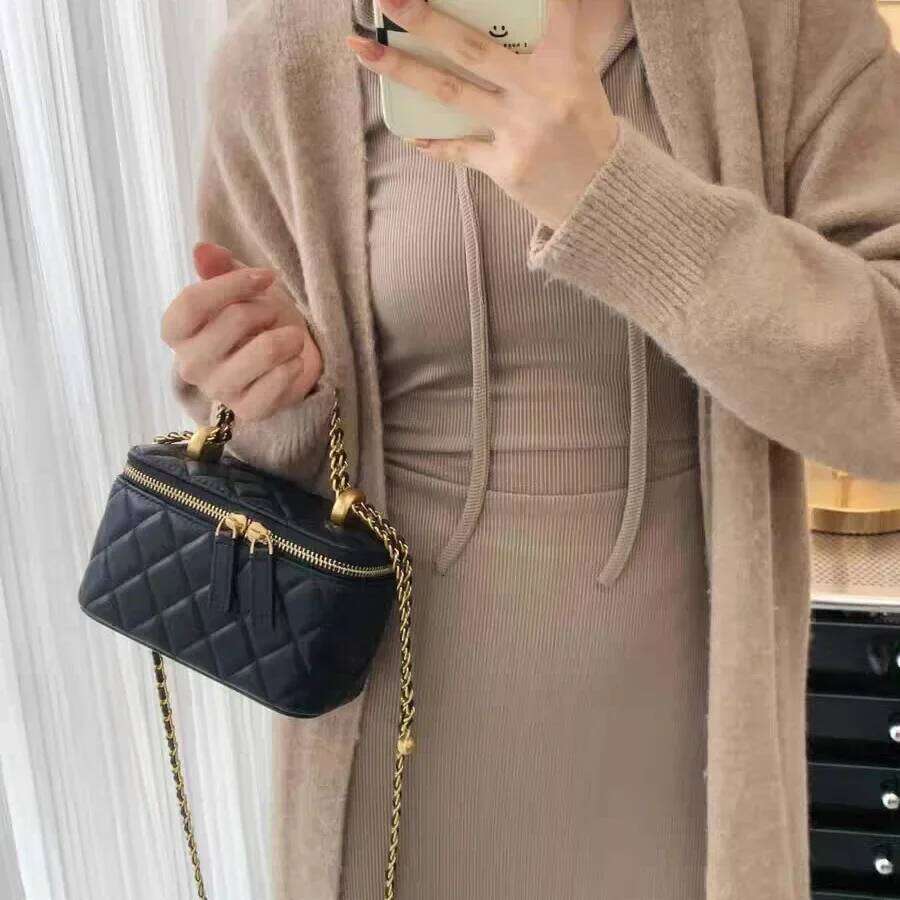 Tweed Style Genuine Leather Women's Gold Ball Argyll Chain High-End Feel Lipstick Crossbody Small Square Bag