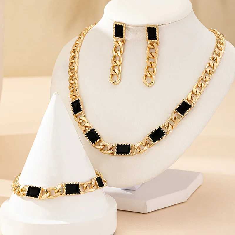 Waterproof Gold Plated StainlESS Steel Fashion Jewelry Sets for Women Black Glass Stone Necklace Earring AccESSories Z250607