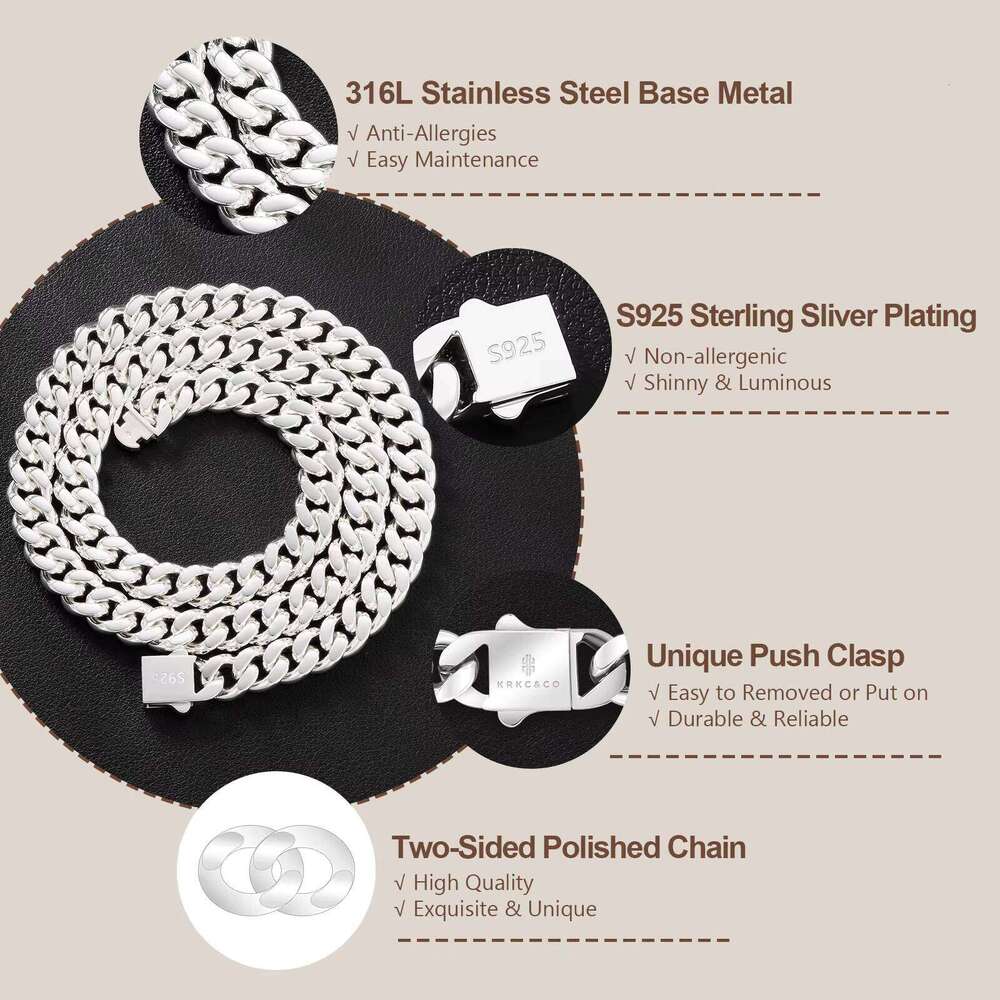 8/10mm Link Unisex Jewelry Gift 316L Stainless Steel and Sterling Sier Filled Miami Cuban Chain Hip Hop Necklace