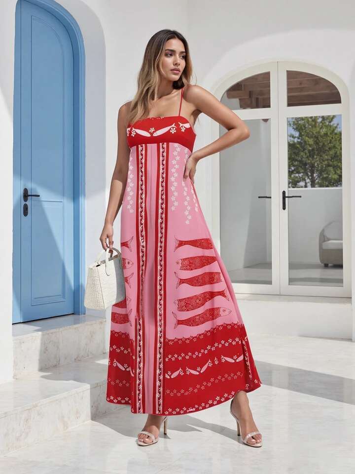 Womens Sleeveless Maxi Dress with Tropical Fish Print Spaghetti Strap Cami Dress for Summer Fashion and Casual Wear