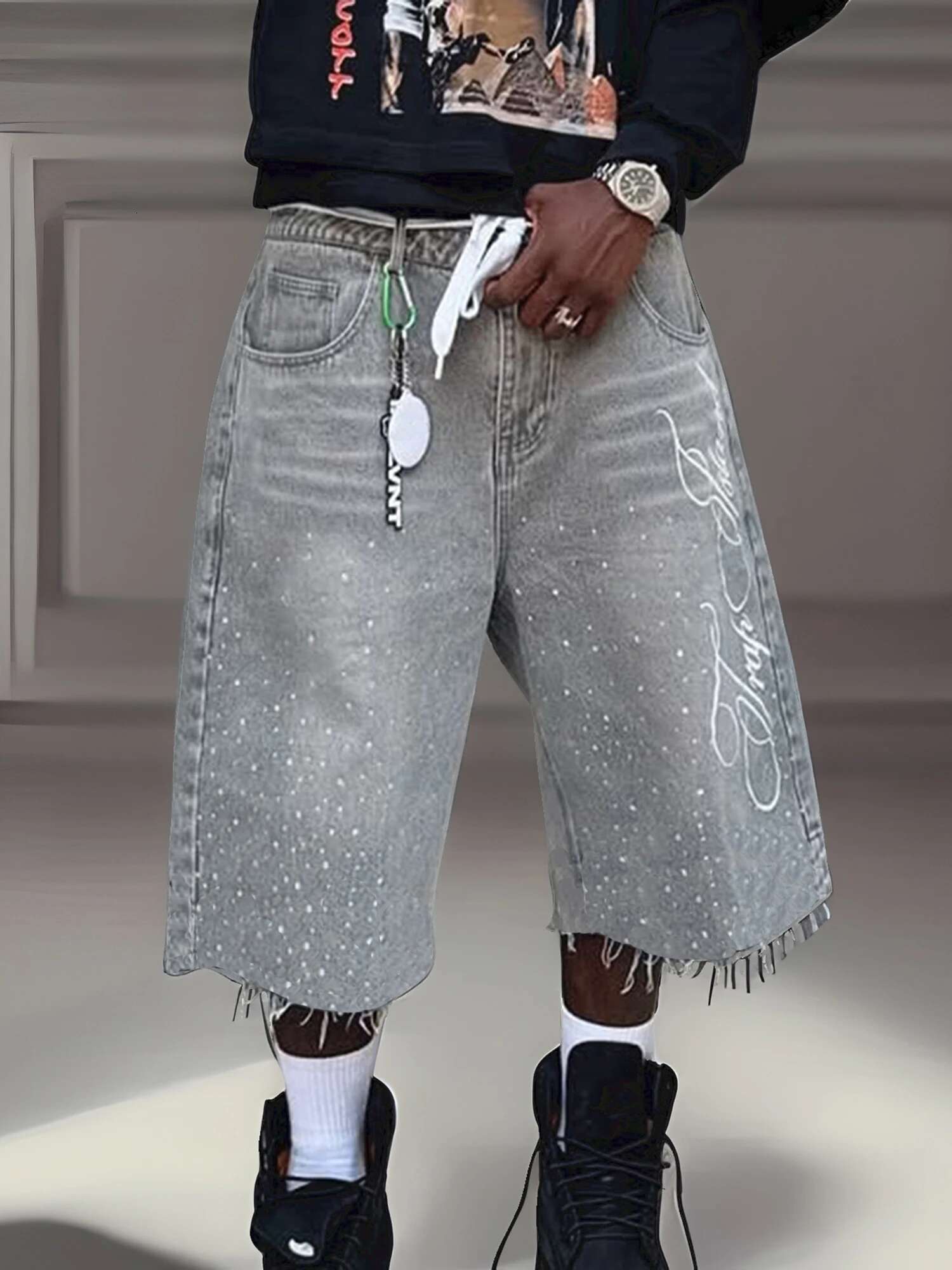 Mens Stylish Knee-length Denim Shorts with Embroidered and Rhinestone Detailing for Summer Casual Wear