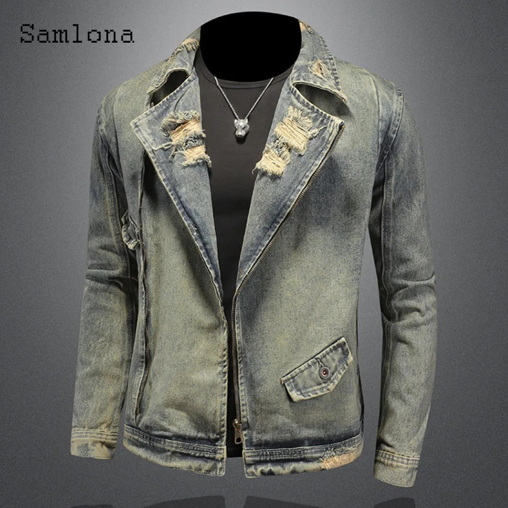 2025 Spring Autumn Motocycle Denim Jackets Men Fashion Ripped Jean Jacket Sexy Mens Notched Zipper Pockets Outerwear 250530