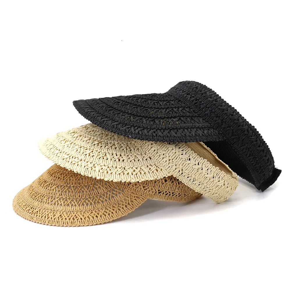 Empty Top Cap Spring Summer Korean Style Visor Straw Hat Outdoor Travel Beach Sun Protection Sunshade Big Brim Visor Cap 250603