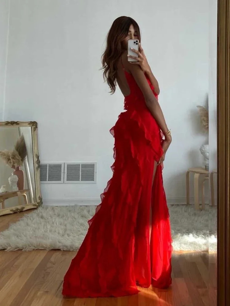 Summer Fashion Elegant Womens Sexy Chiffon Vacation Style Sling Dress with Ruffle Edge Style Long Dress 250605