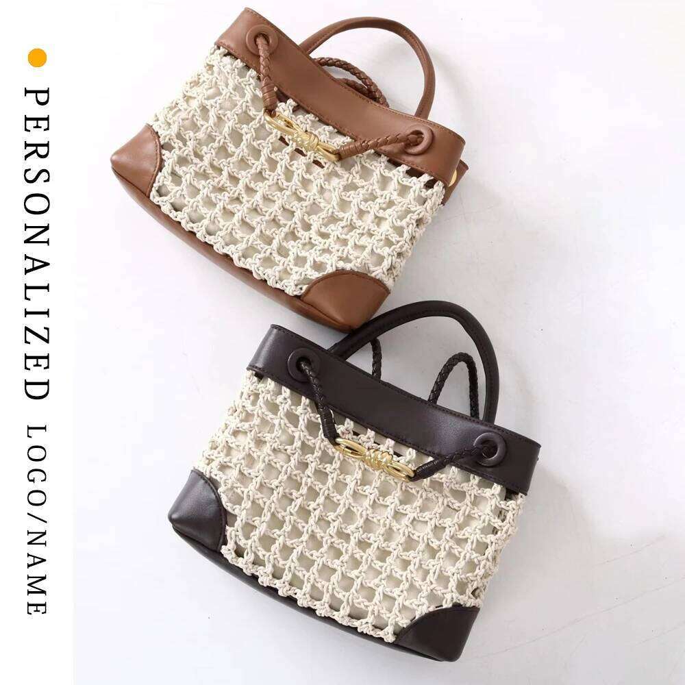 Hot Selling Custom Letters Free Gold Stamping New Genuine Leather Splicing Handmade Cotton Rope Weaving Women's Hand-Bull Tote Bag Designer Bags