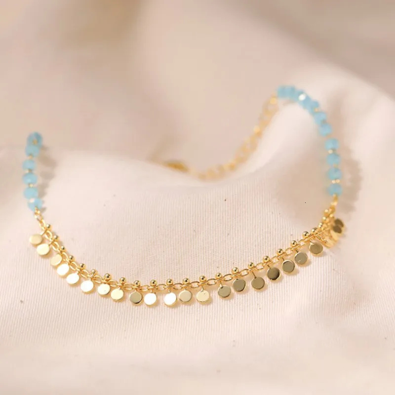 ANENJERY 18K Gold Plated Tassels Charm Anklet for Women Boho Summer Bracelet Blue Stone Beaded Handmade Jewelry Wholesale 250606