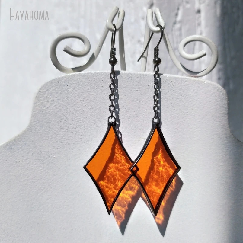 Gunmetal Color Black Orange Stained Glass Sun Catcher On Chain Blazing Soldered Jewelry Gift Elegant Earring ER39875 250604