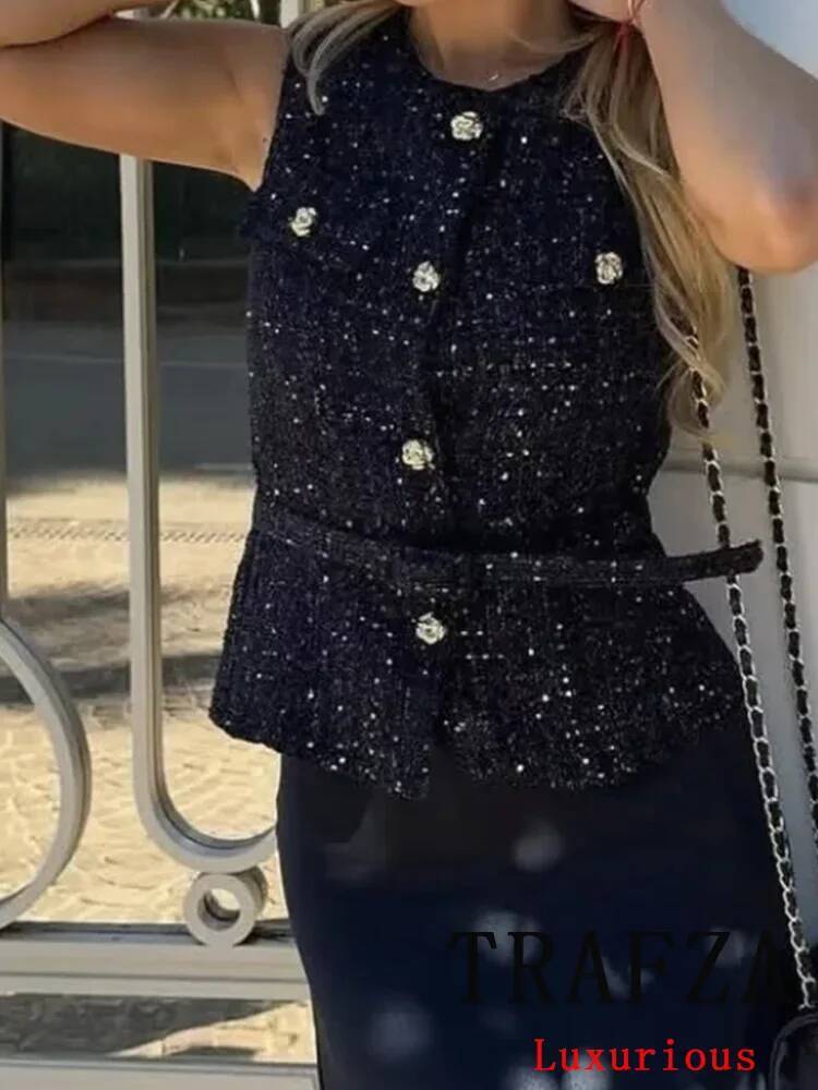 TRAFZA Vintage Belt Twist Waistcoats Women O Neck Sleeveless Gold Buttons Vest Fashion 2025 Spring Summer Office Lady Blazer Top