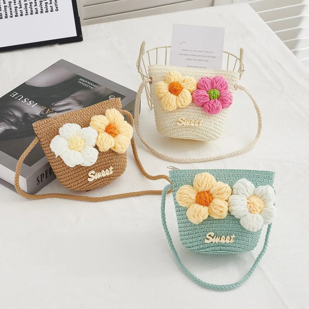 Mini Zipper Flower Straw Bag Summer Beach Coin Purse Po Props Kid Messenger Bags Handmade Woven Storage Basket 250605