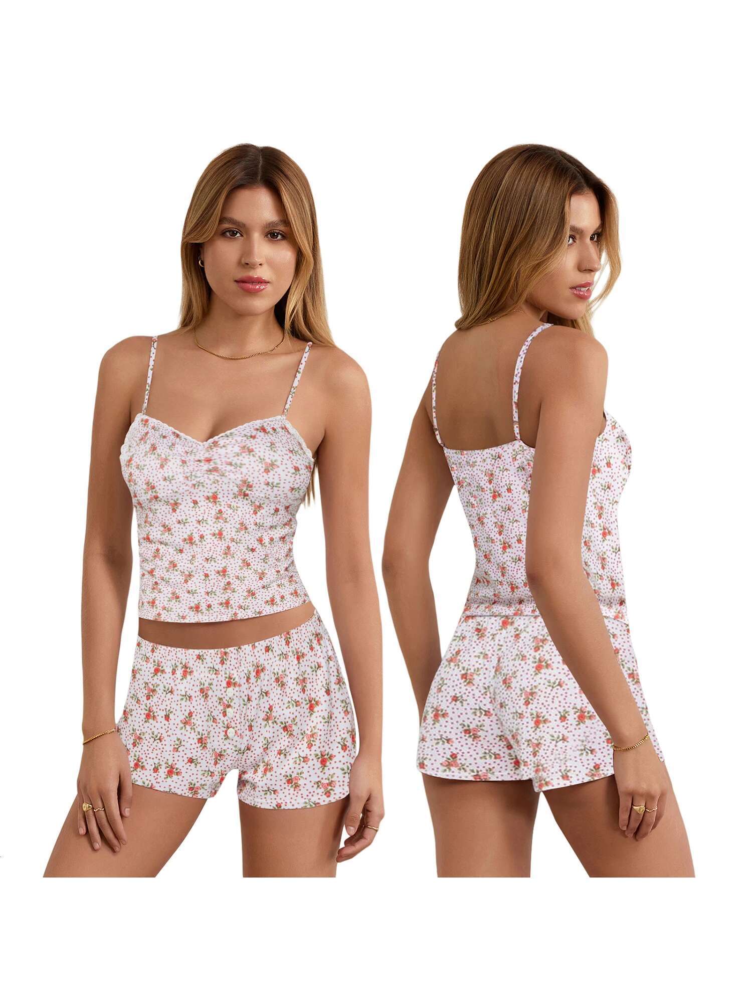 Womens Pajama Set Polka Dot Print Sleeveless Camisole with Matching Shorts Sleepwear Loungewear Set for Ladies