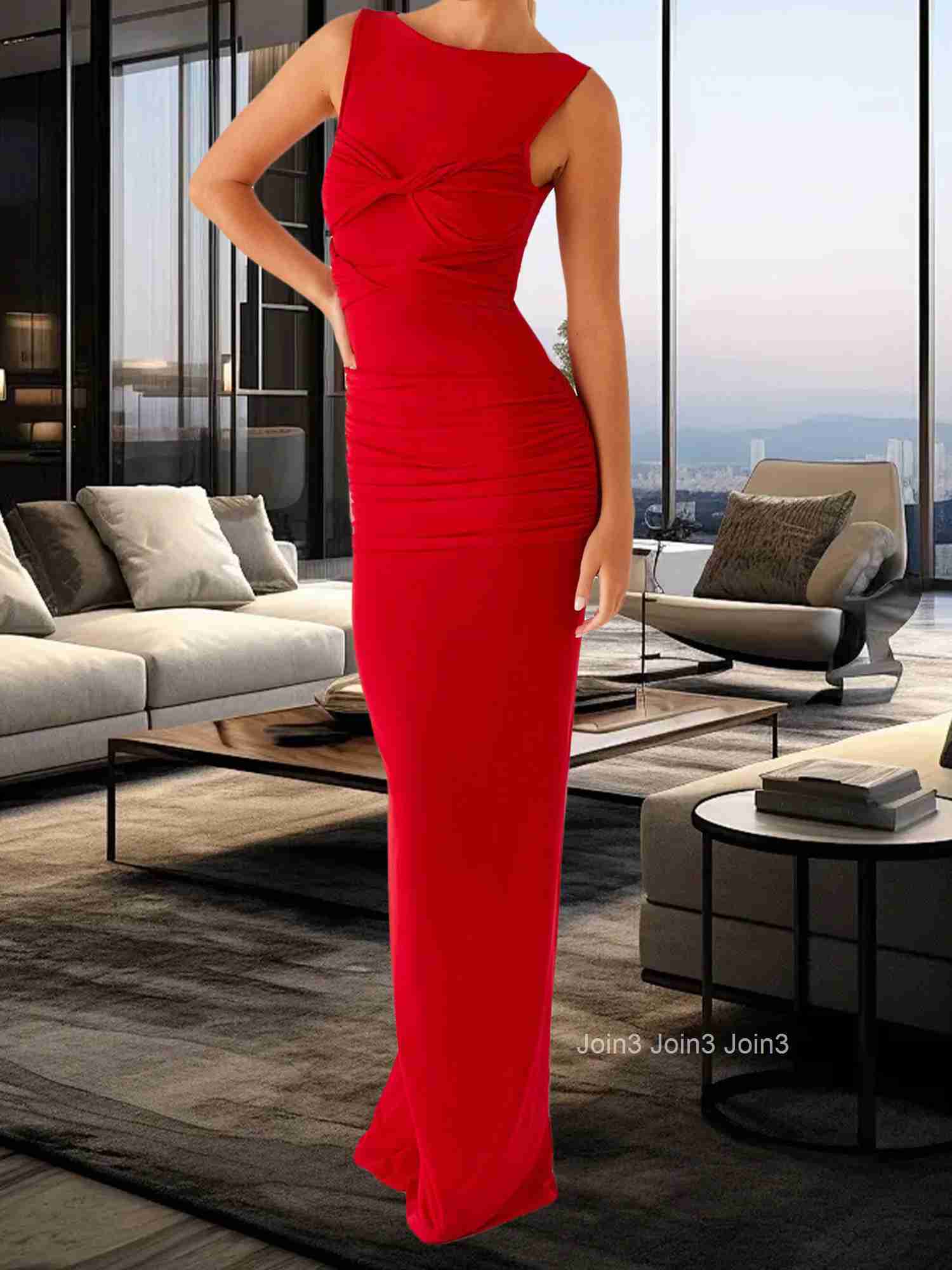 Elegant Sleeveless V-neck Ruched Evening Gown with Side Slit and Embellished Waistband for Formal Events and Parties