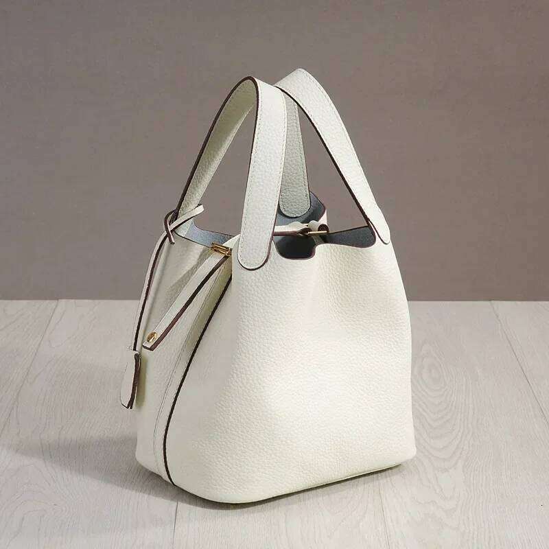 Trendy Genuine Cow Leather Lunch 2024 Imported Bucket Bag Food Basket Picnic Handbag Soft Top-Handle