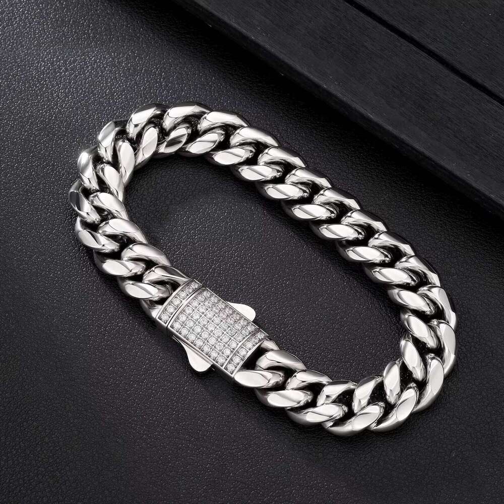 KRKC Hip Hop Jewelry 12mm Gold Plated Stainless Steel Miami Cuban 5A Straight Buckle Men's Chain