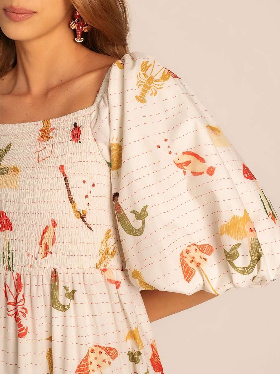 Womens Maxi Dress with Tropical Print Short Sleeve Square Neckline Summer Dress Casual A-line Beach Dress with Oceanic Design