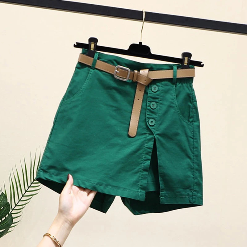 Chic Shorts Women Belt Korean Solid Buttons Side Slit A-line Streetwear Fashion Skirts Chic Harajuku Summer Loose Pants 250529