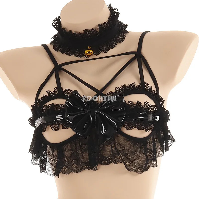 Sexy Lace Bat Lingerie Pu Leather Little Demon Women Devil Cosplay Bikini Open Cup Bra Set Lolita Anime Wings Exotic Apparel 250603