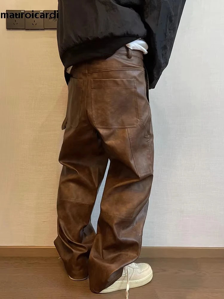 Mauroicardi Autumn Long Retro Cool Baggy Distressed Washed Brown Soft Pu Leather Wide Leg Pants for Men Clothes 250606