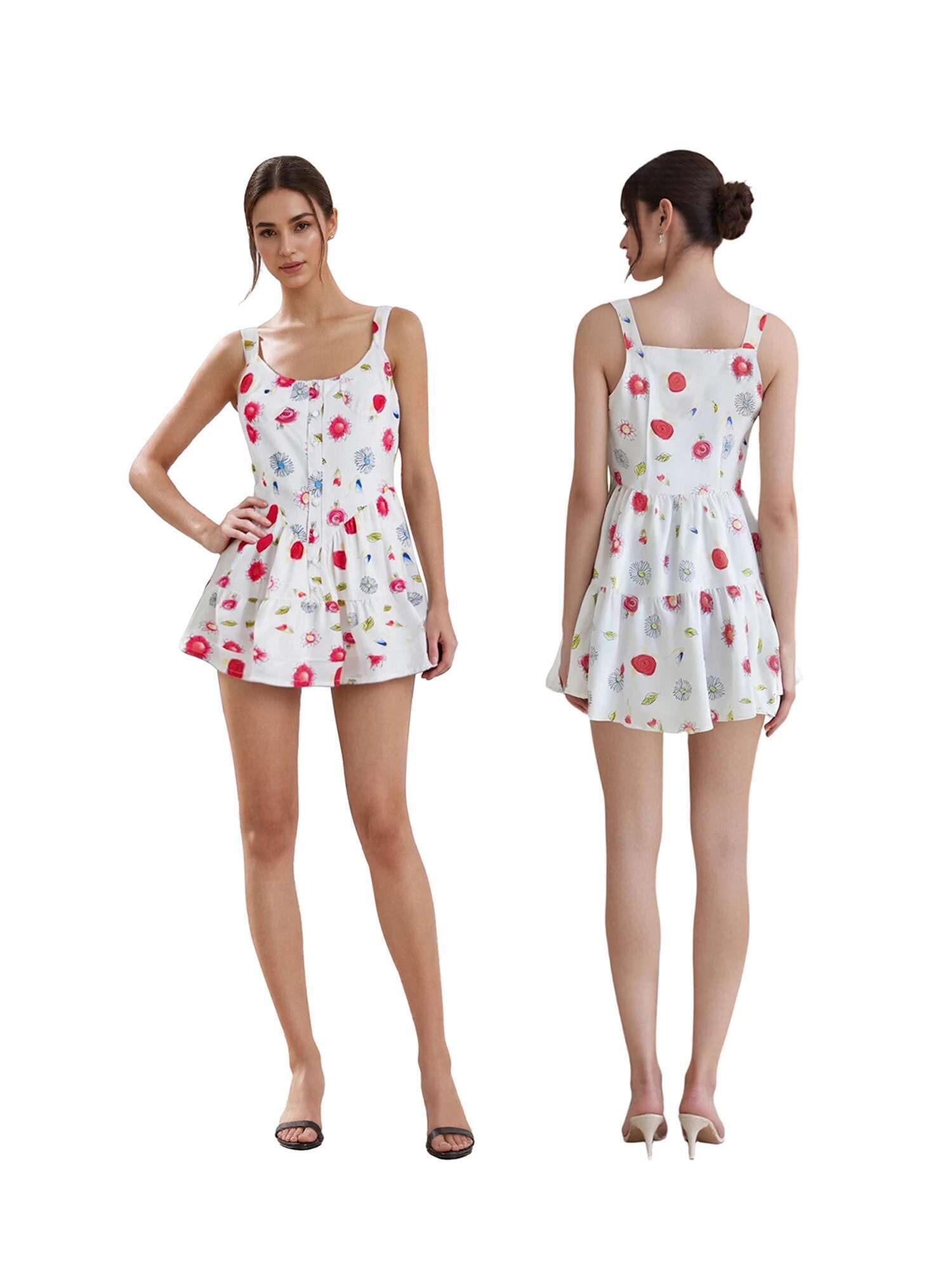 Womens Boho Floral Print Sleeveless Mini Dress with V-neckline and Button-up Front for Summer Beach Outings