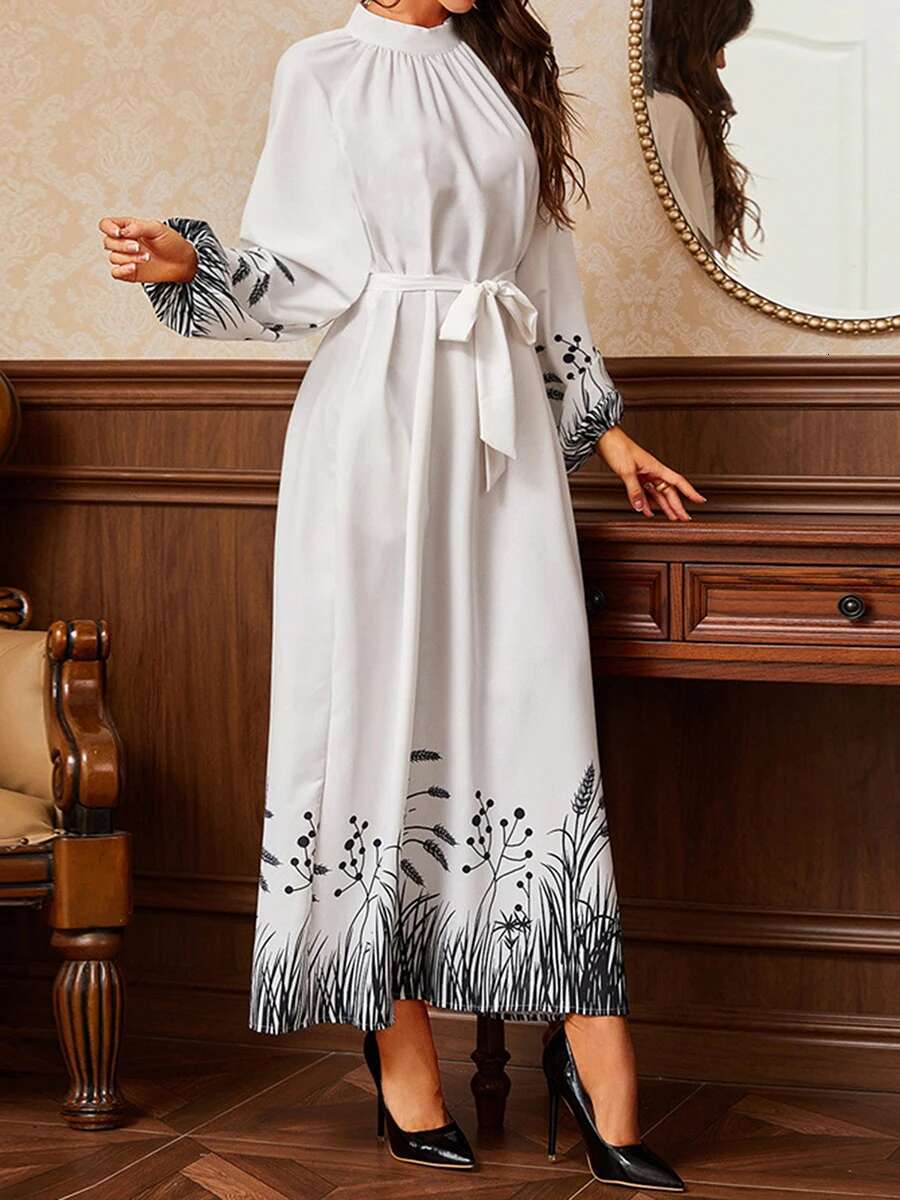 Elegant Floral Print Maxi Dress with Waist Tie Traditional Middle Eastern Design Flowy Round Neck Long Sleeve Abaya Gown
