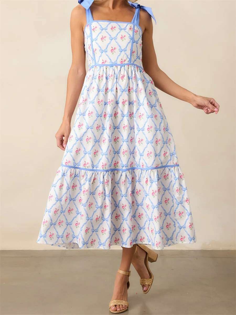 Womens Elegant V-neck Maxi Dress with Ruffle Sleeves and Belted Waist - Perfect for Summer Parties and Events