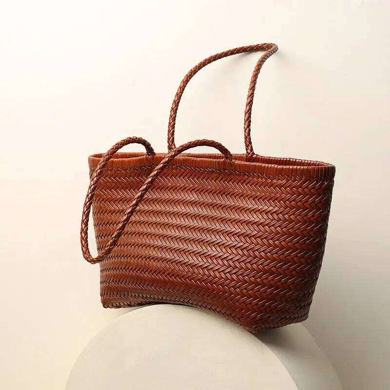 New Summer French Hand-Woven Retro Hand-Child Handbag Split Leather Rattan High Quality Vegetable Basket Bag