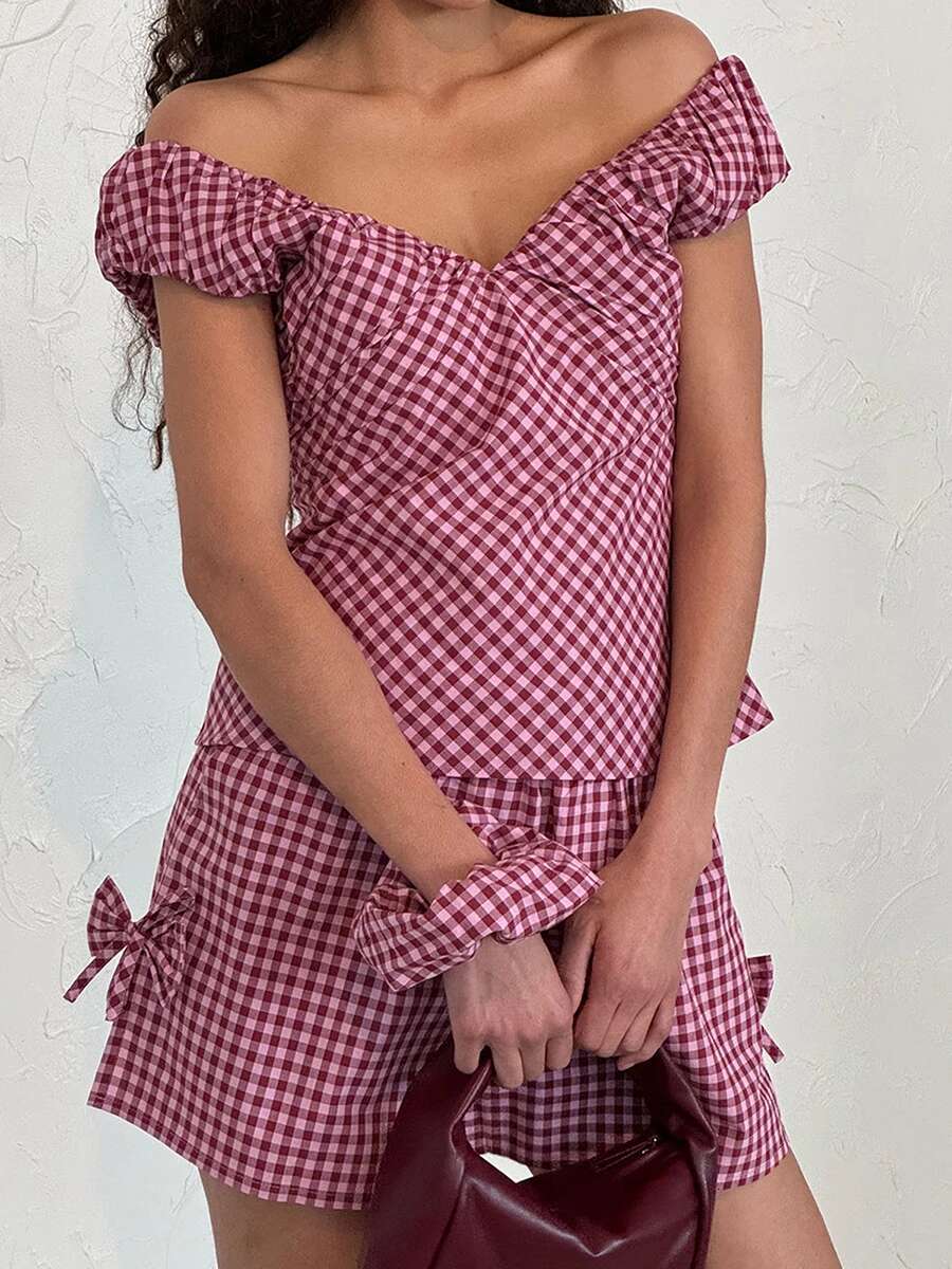 Womens Plaid Matching Set with v Neckline Off Shoulder Short Sleeve Top Bow Detail Elastic Waist Shorts and Pockets - 2