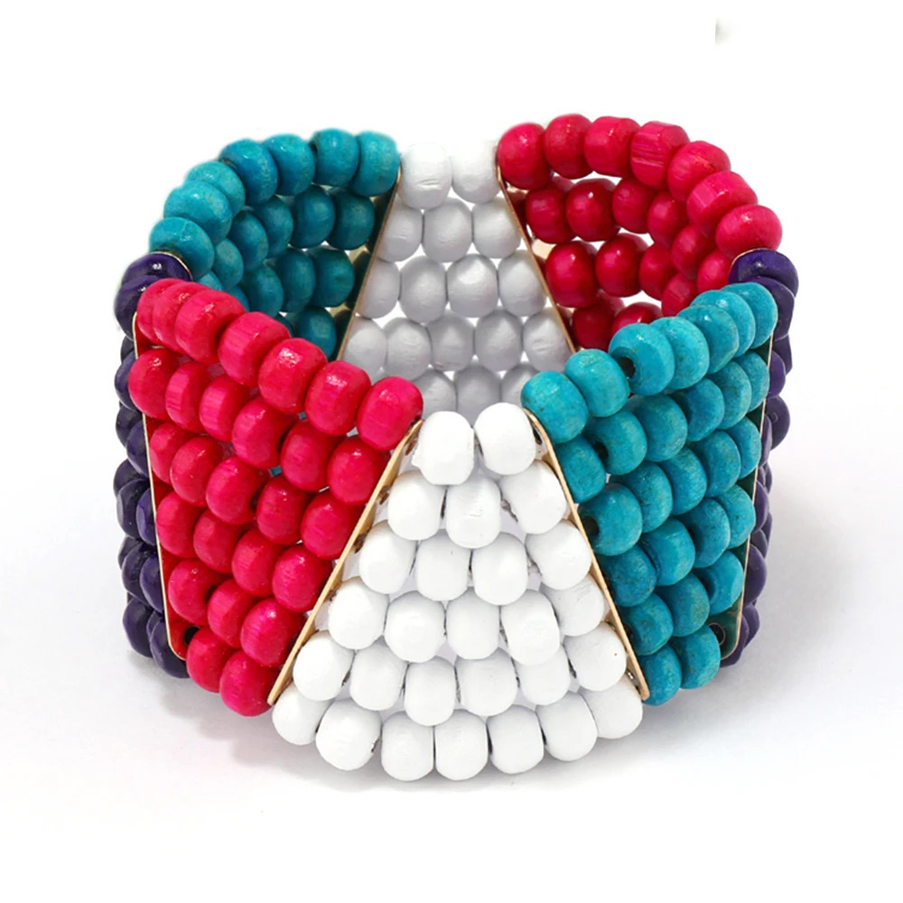 1 Pcs Bohemian Ethnic Colorful Wooden Beads Bracelet for Women Men Handmade Elastic Wide African Tribal Hand Jewelry Accessories 250605