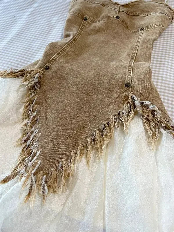 Girl Short Skirt Two Piece Maillard Color Irregular Raw Edge Suspender Denim Top Summer Waistless Half Length Princess Skirt 250605