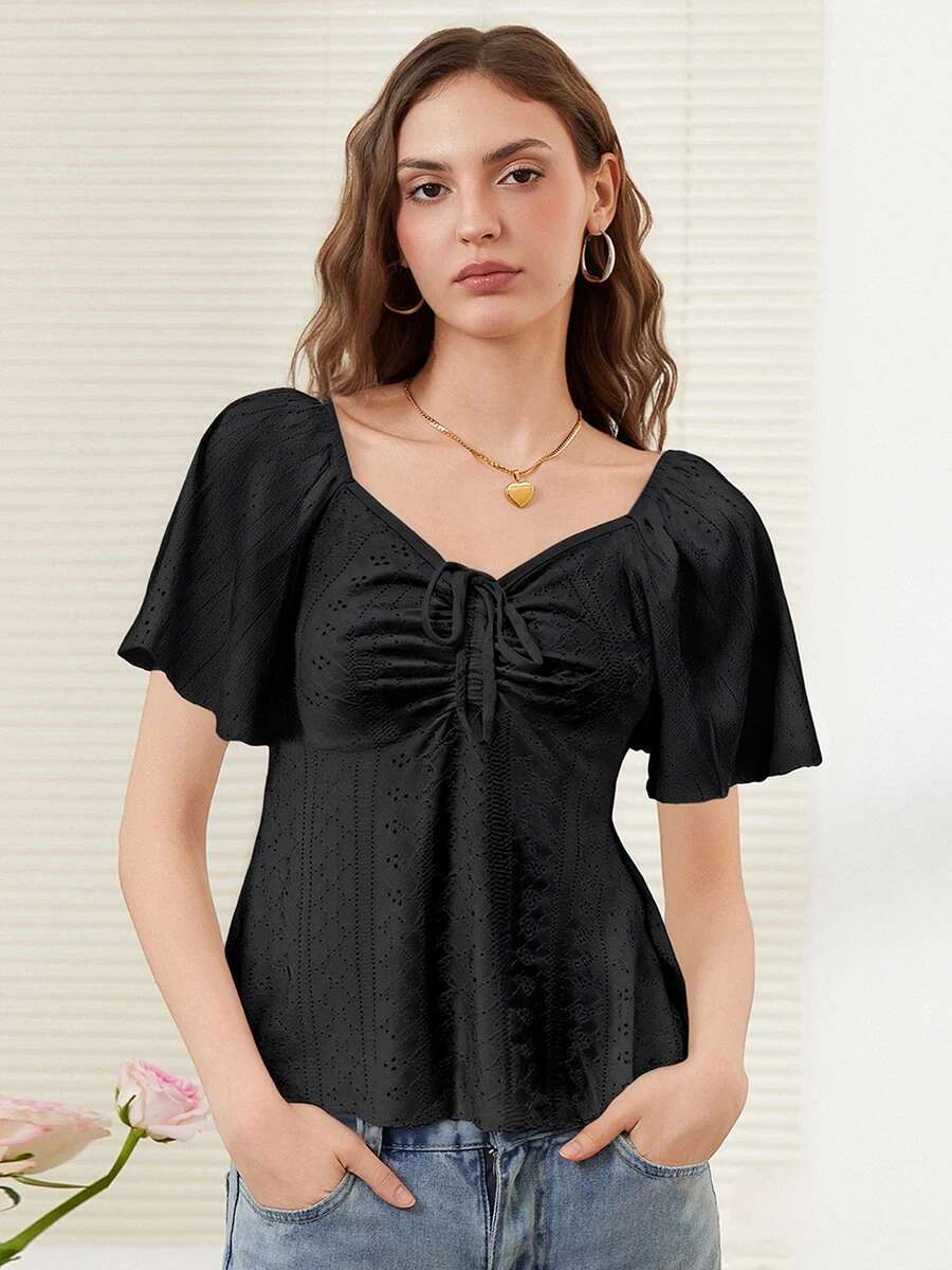 Women Plus Size Tops Casual Short Sleeve Blouses Solid Color V-neck Hollow-out Drawstring Tie-up Front Summer Shirt Feminine