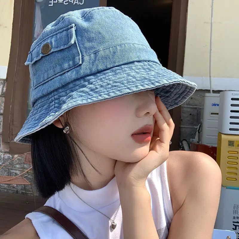 Korean Denim Bucket Hat for Women Vintage Solid Color Fisherman Cap Summer Outdoor Travel Girls Panama Sun Hats 250605