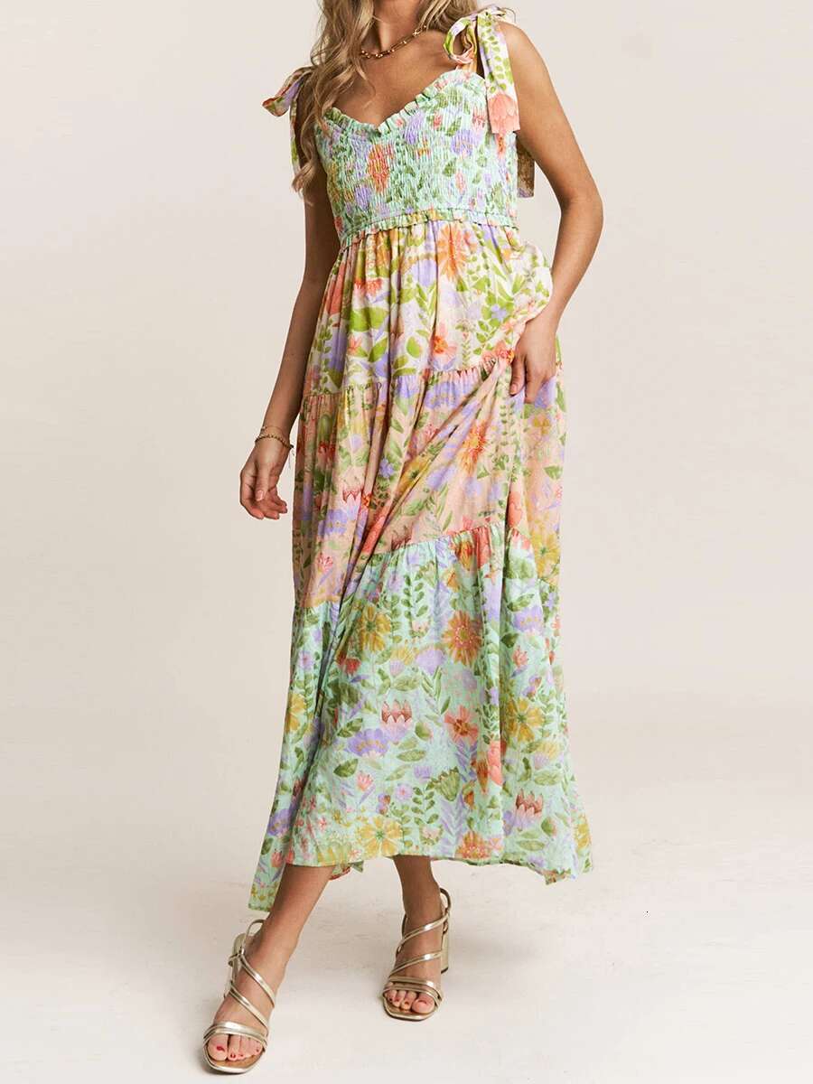 Womens Boho Floral Print Sleeveless Dress with Tie-up Straps and Backless Design Perfect for Summer Beach Parties and