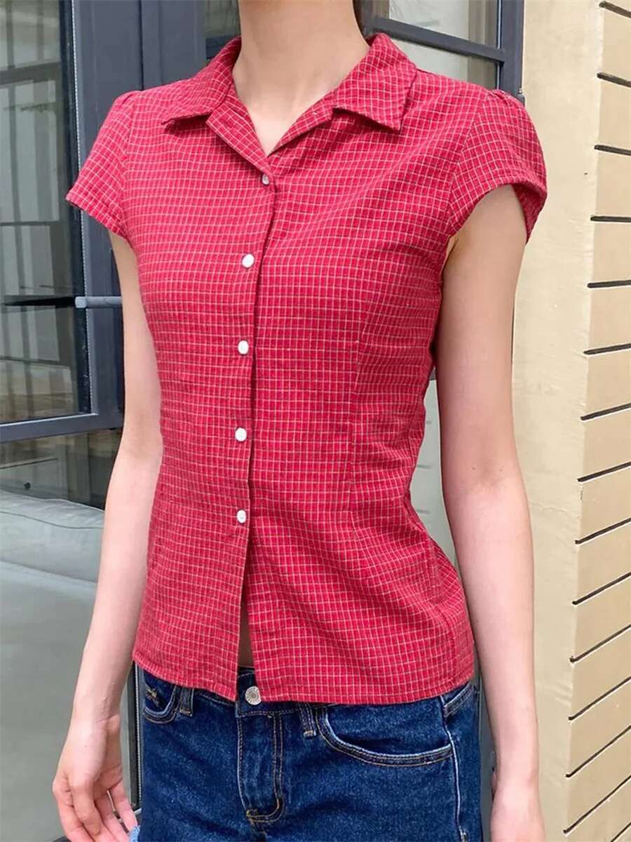 Ladies Plaid Short Sleeve Shirt with Fit and Turn Down Collar Casual Button Down Top for Summer Wear