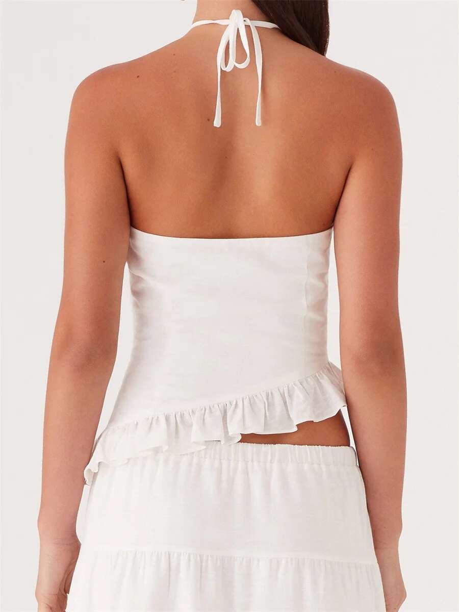 Elegant Lace Off-shoulder Blouse Flared Sleeveless Shirt with V-neckline and Ruffled Hemline for Evening Event