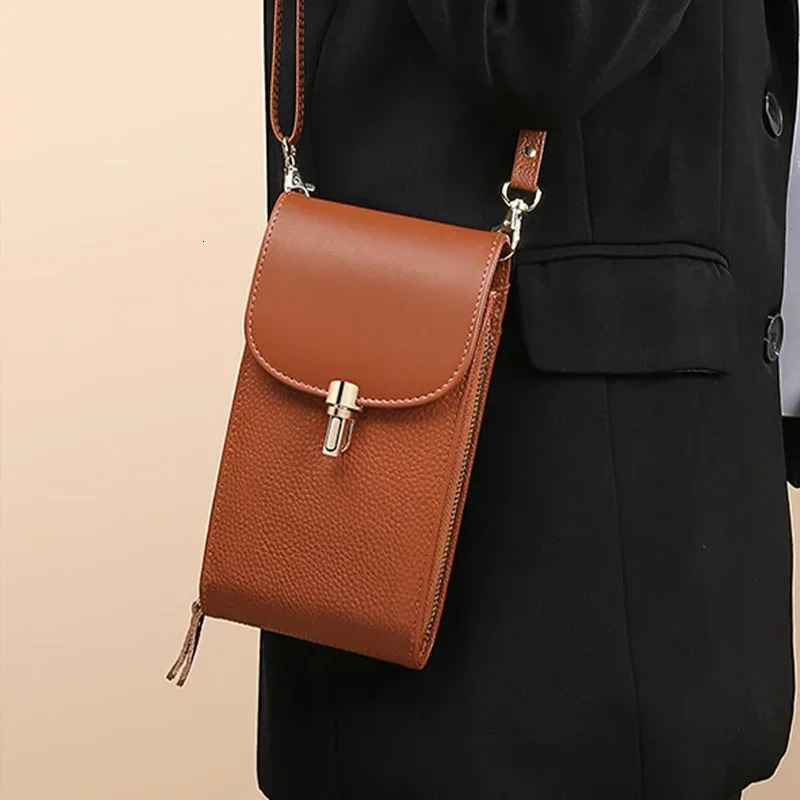 Genuine Leather Phone Bag Solid Color Flip Round Lock Bag Womens Crossbody Bag with Long Shoulder Strap and Credit Card Slot 250606