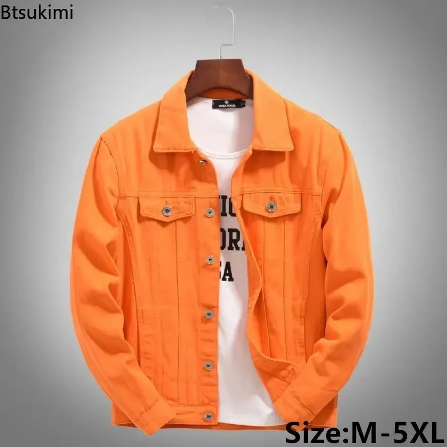 2025 Mens Casual Denim Jacket Korean Style Loose Cotton Handsome Tops Trend Orange Lapel Hip Hop Jean Plus Size 250530