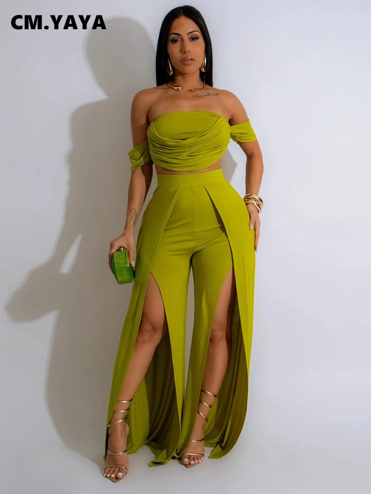 CM.YAYA Womens Set Short Sleeve Slash Neck Ruched Tops and Wide Leg split Pants Street Two 2 Piece Sets Outfit Tracksuits 250605
