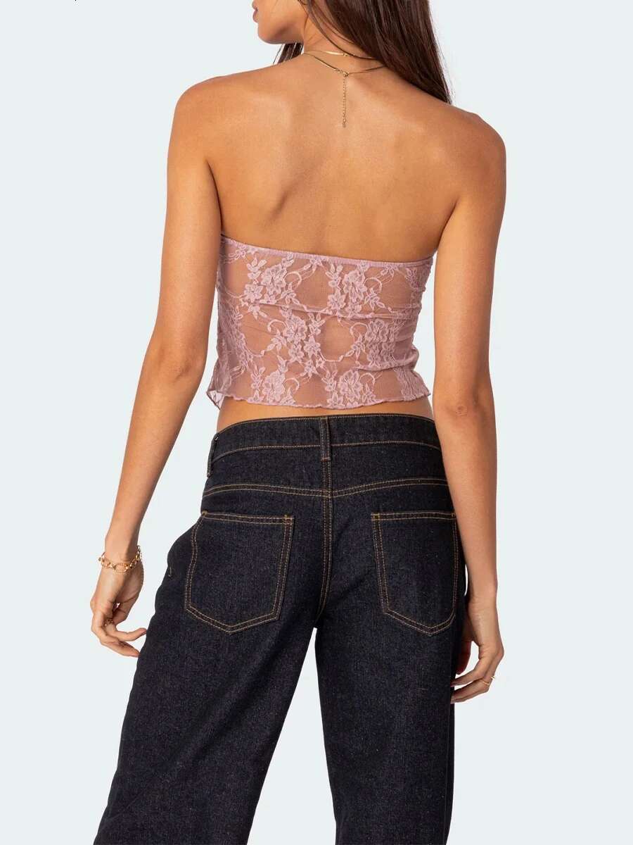 Vintage Lace Bandeau Top Womensummer Strapless Cropped Tube Shirt Backless Camisole for Retro Streetwear Fashionistas