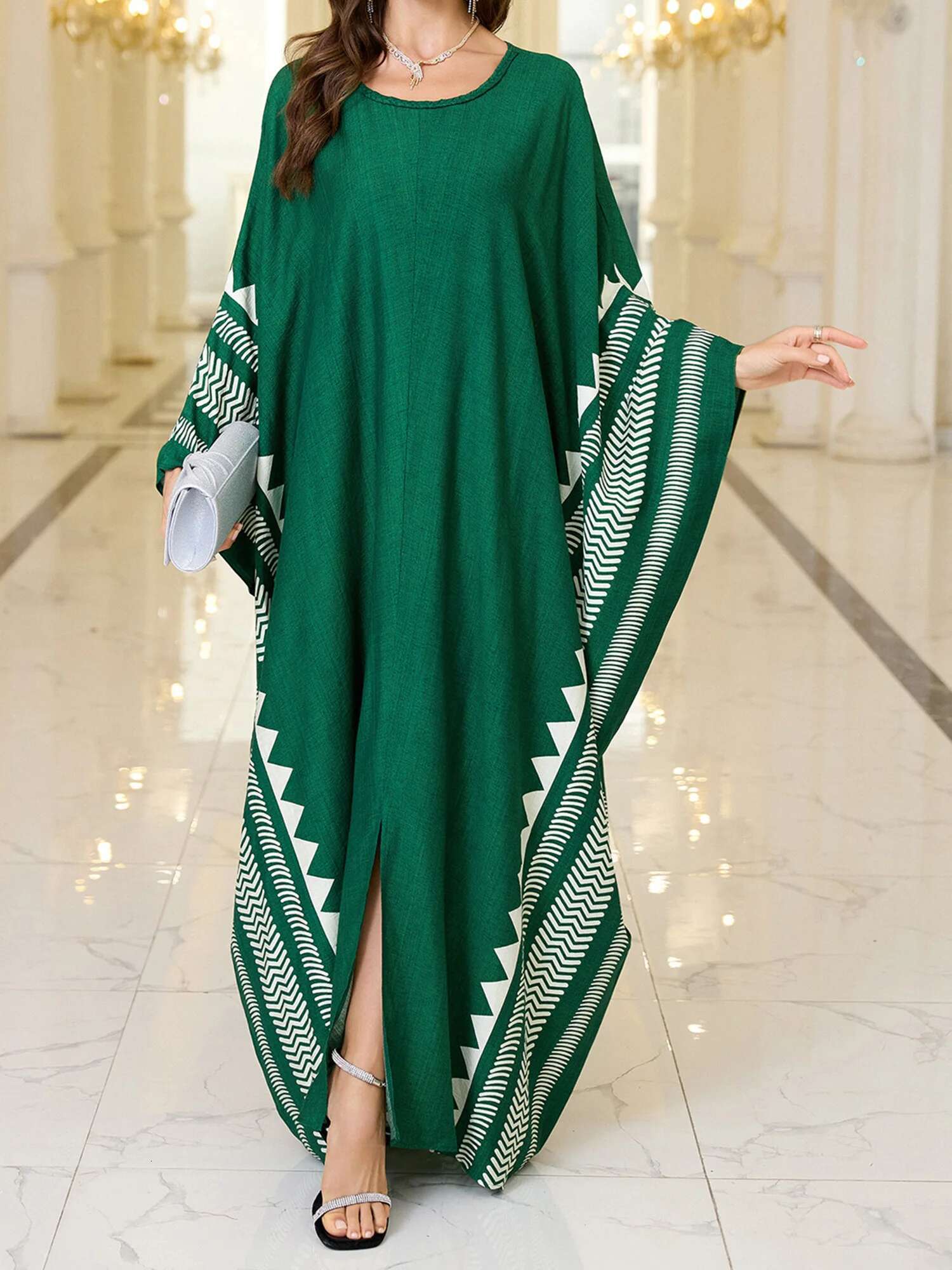 Elegant Maxi Dress with Batwing Sleeves and V-neckline Flowy Boho Chic Kaftan Robe for Women Perfect for Beach Cover Up or