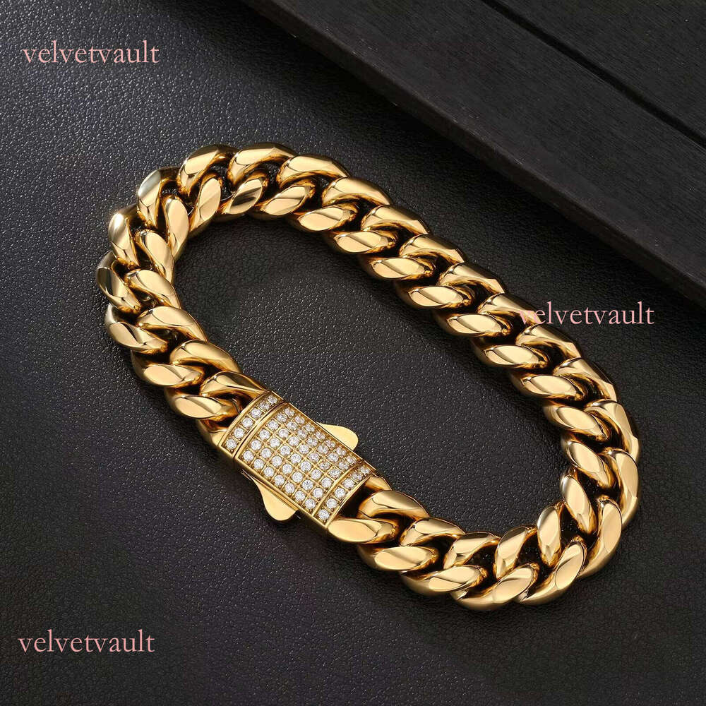 KRKC Hip Hop Jewelry 12mm Gold Plated Stainless Steel Miami Cuban 5A Straight Buckle Men's Chain