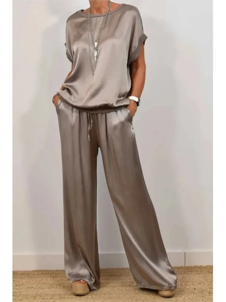 Spring Summer Fashion Solid Smooth Satin Two Piece Sets Womens O-neck Short Sleeve Top Wide Leg Pant Casual Loose Set 250605