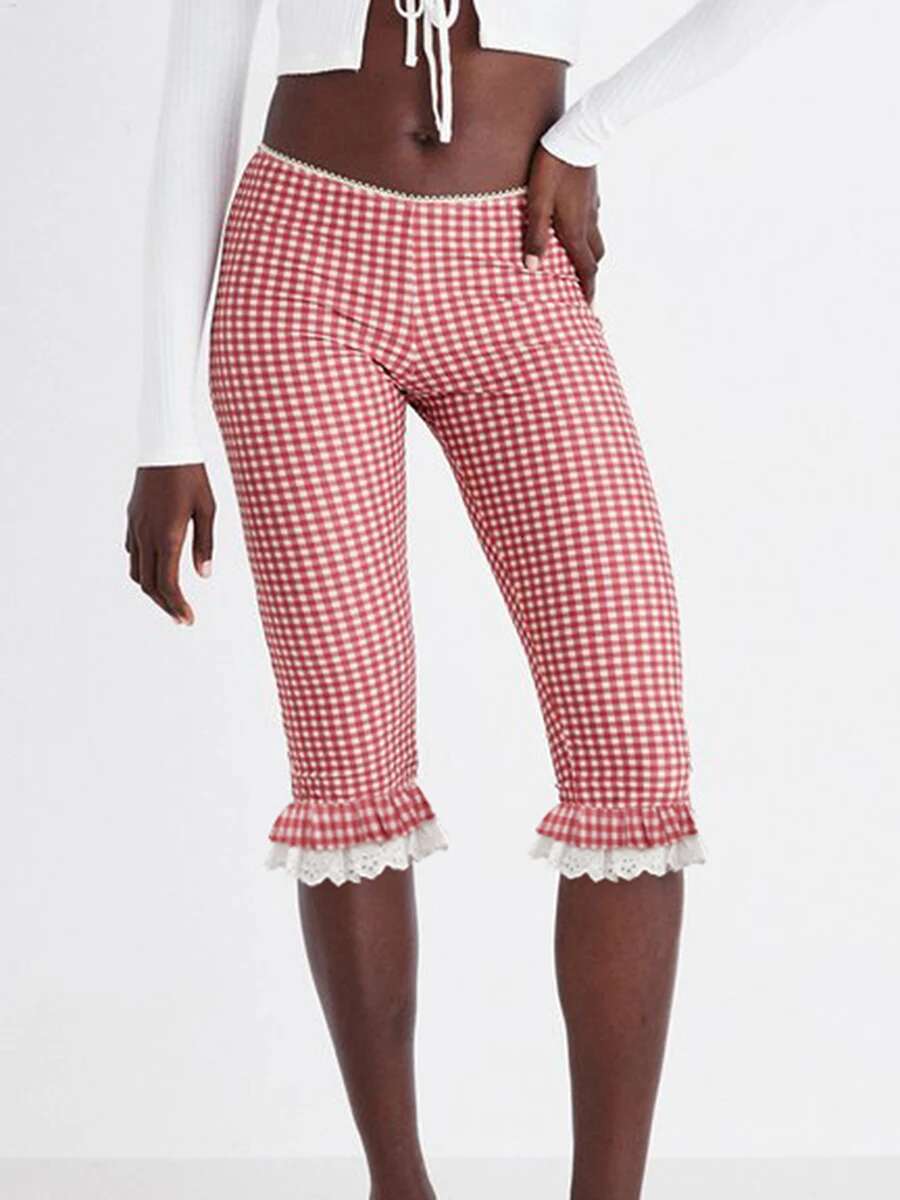 Womens Plaid Pants with Lace Ruffles and Stretchy Cropped Leggings for Summer Casual Wear