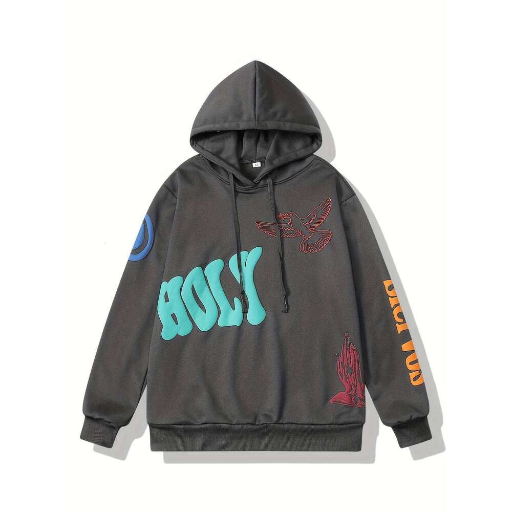 2024 Men's Women's Autumn Hooded Dove Pattern Bubble Letters Printed Sweatshirt Long Sleeve And Drawstring Casual Hoodie