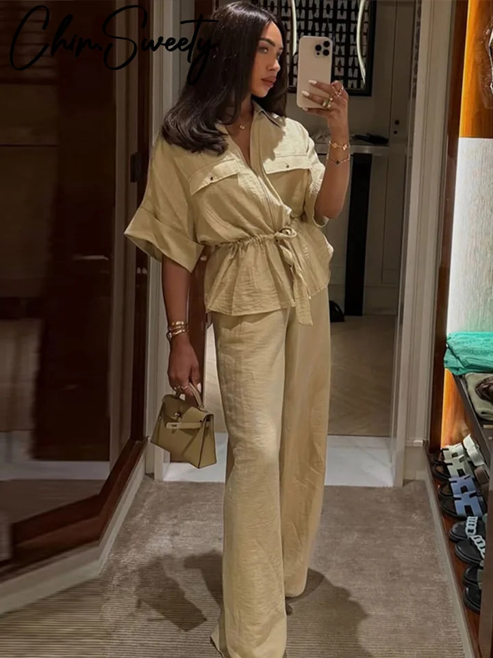 Casual Coat Pant Set Women Loose Zipper V-neck Lace Up Pleat Top Wide Leg Trousers Suit Summer Lady 2 Pieces Outfits 250603