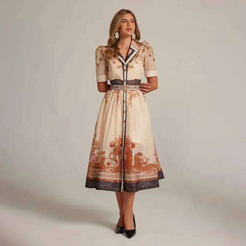 Elegant Printed Suit Collar Long Dress Court Style French Unique Quality New Arrival 2025 Fashionable Women's Wear