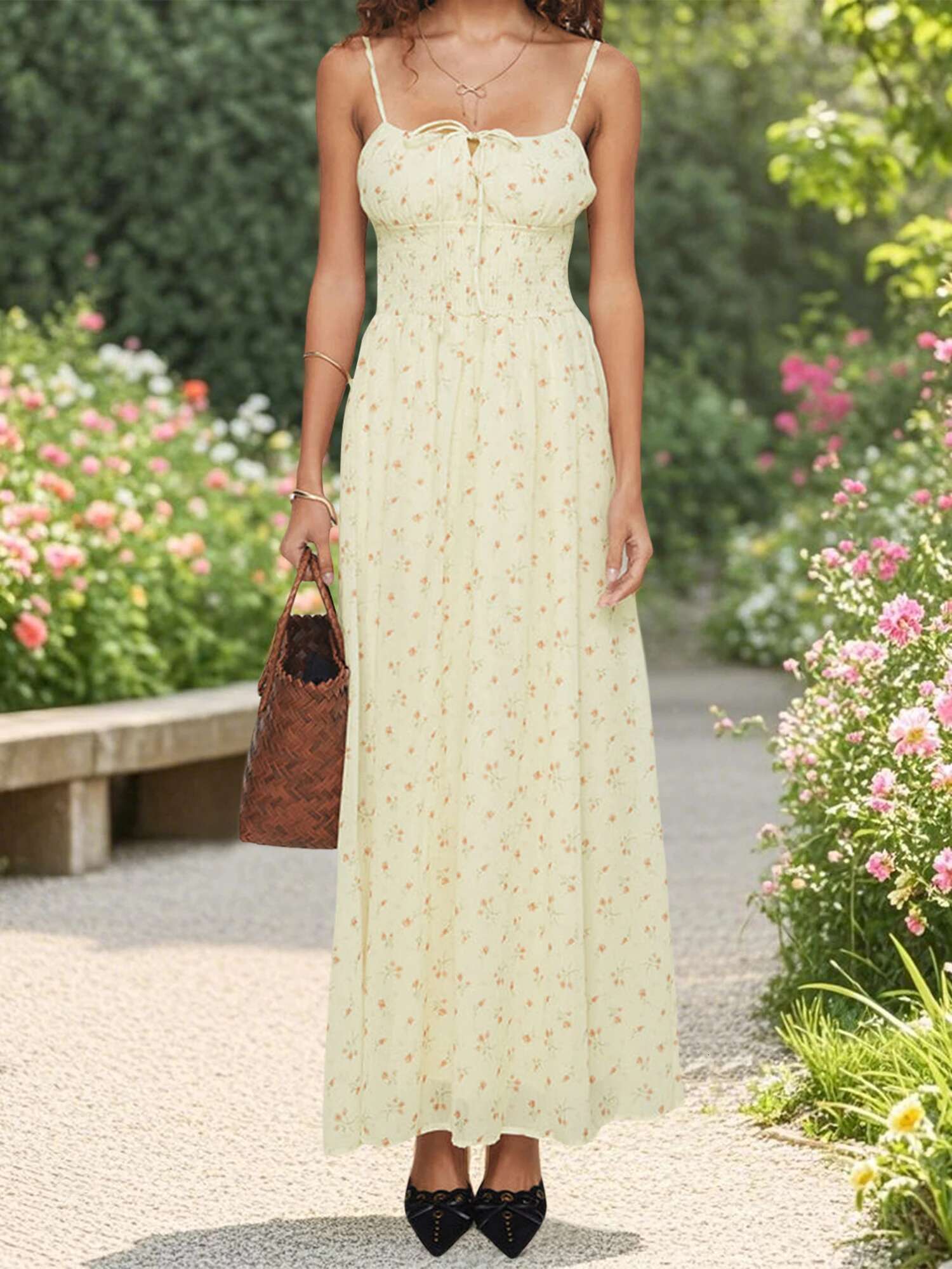 Elegant V-neck Maxi Dress Sleeveless Ruffle Hem Floral Print Dress for Wedding Guest Beach Party Evening Gown